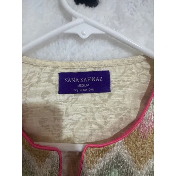 Sana Safinaz Womens Medium Embroidered Tunic Kurta Top Pink‎ Green Beige Floral - Picture 2 of 5
